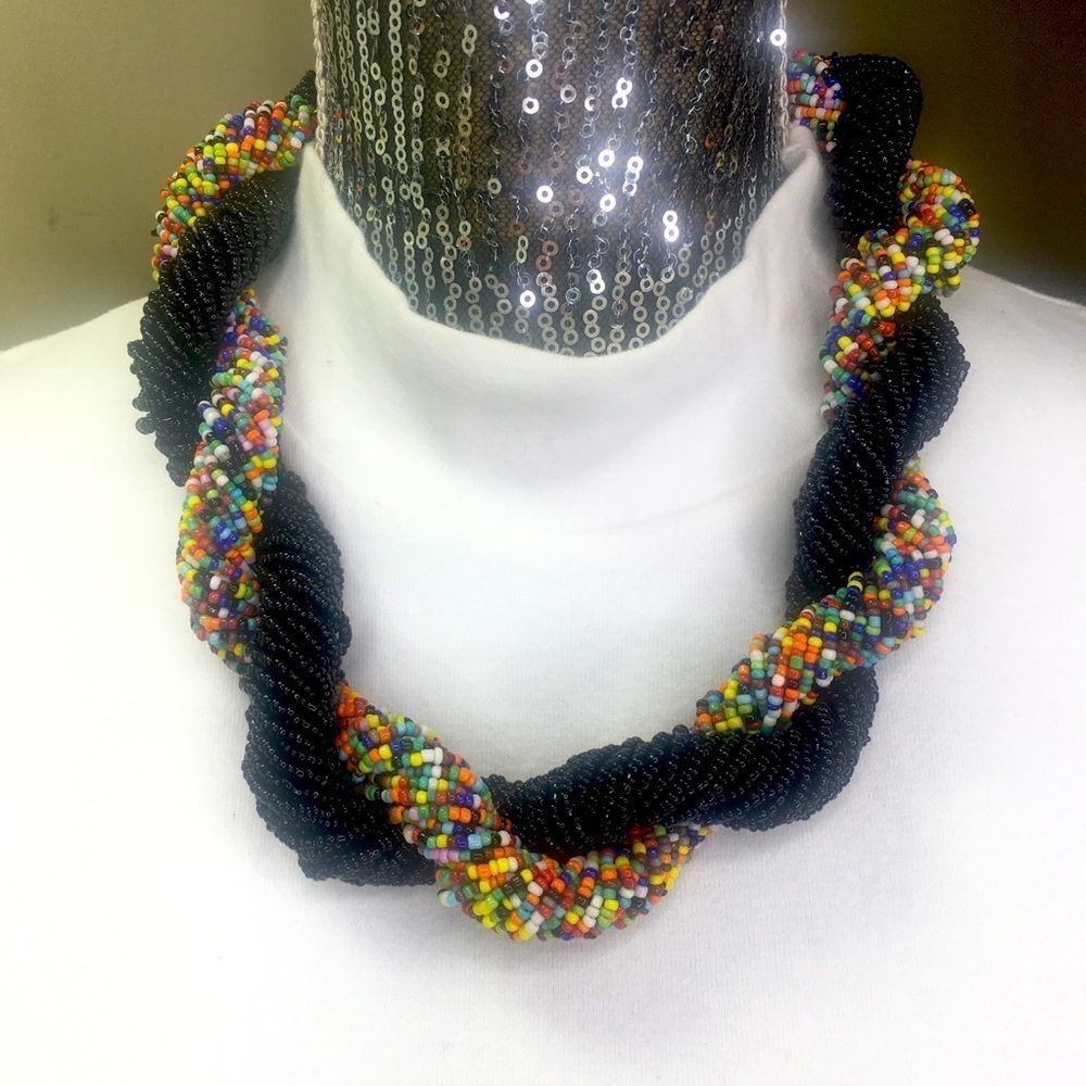 Vintage Artisan Seed Bead Black Rainbow Statement Chunky Necklace 23"